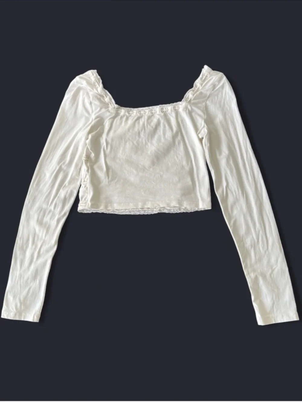 Free People Lace Trim Long Sleeve Crop Top White Square Neck Boho Size Small